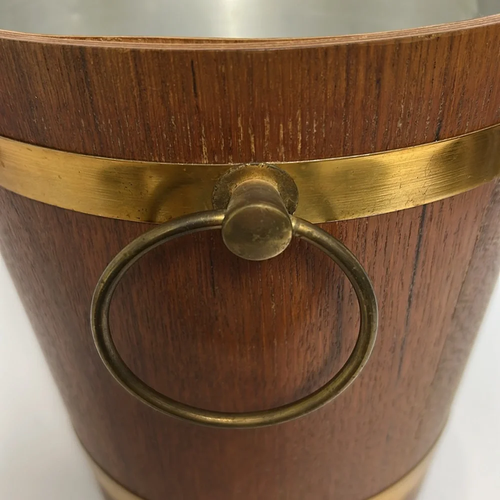Vintage MCM 60s 70s Teak Wood Brass Belted Lidded Ice Bucket With 2 Ice Tongs